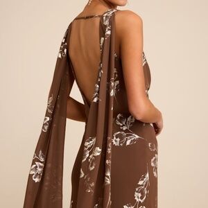 Lulus Sidonia Brown And Gold Floral Cowl Sash Maxi Dress - Size L